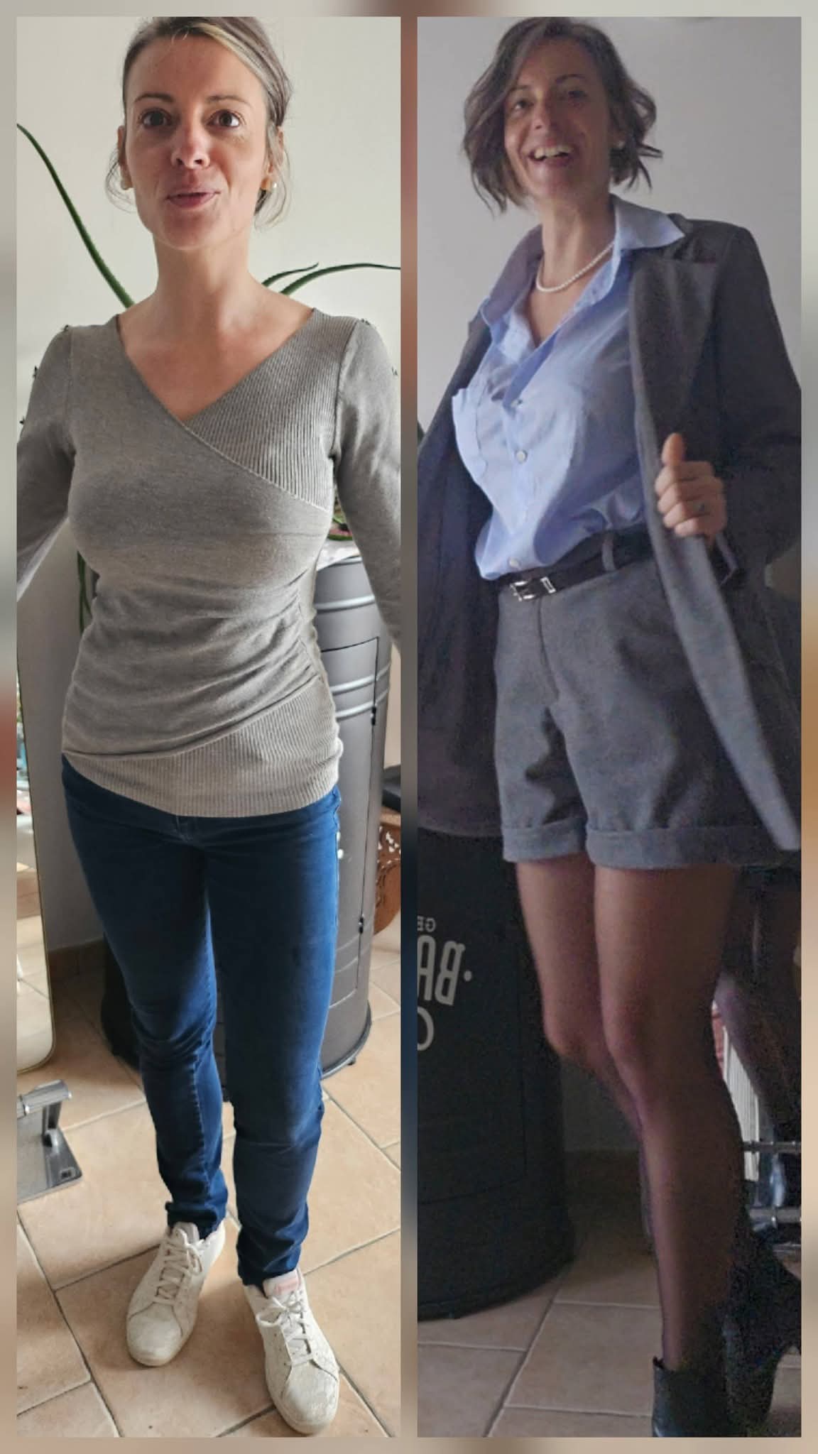 Avant/après d’une mise en valeur de la silhouette en tailleur gris